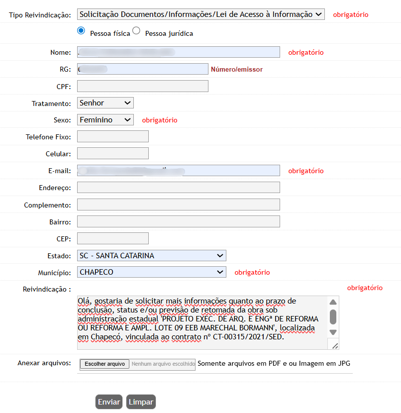 Formulário de solicitação de acesso à informação